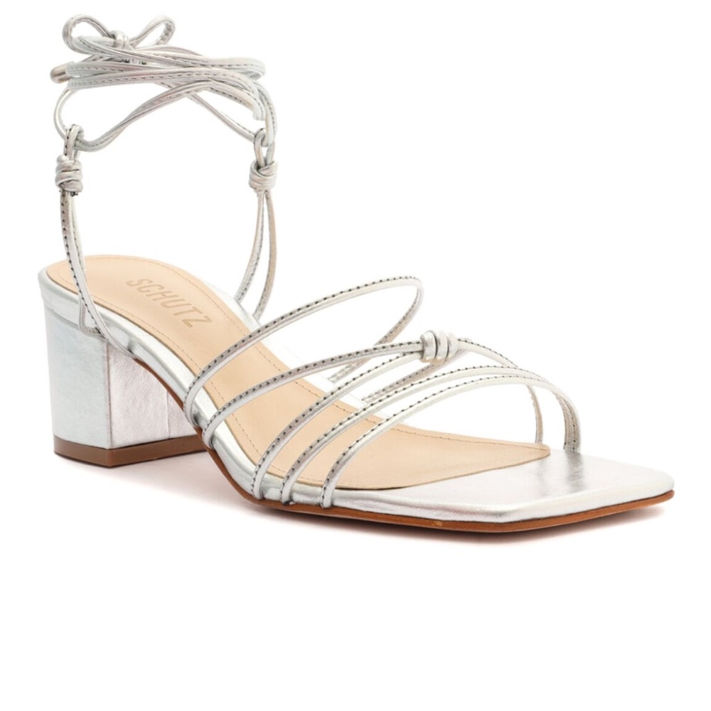 Schutz Athena Silver Block Heel Leather Sandal